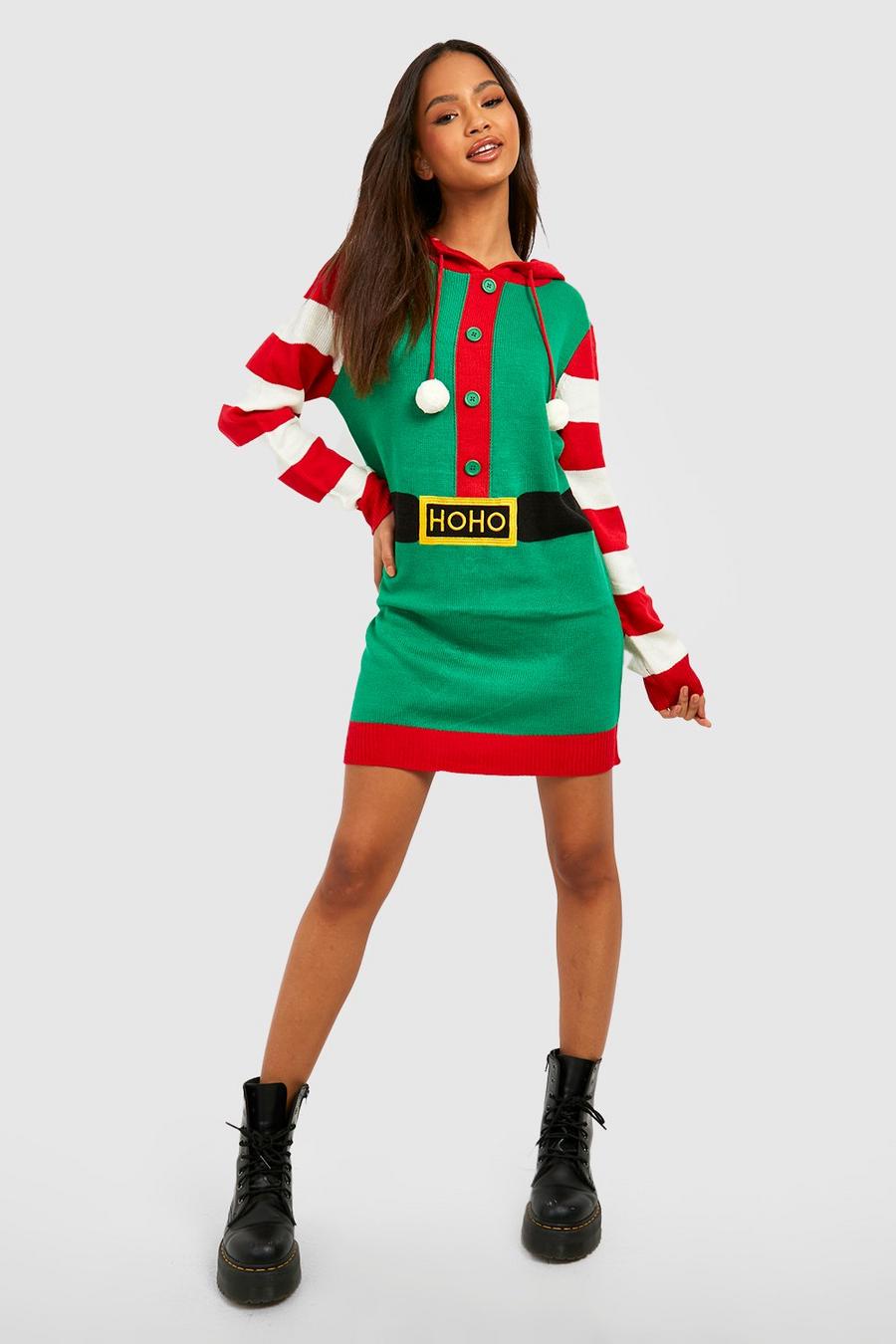 Green Elf Hooded Christmas Sweater Dress