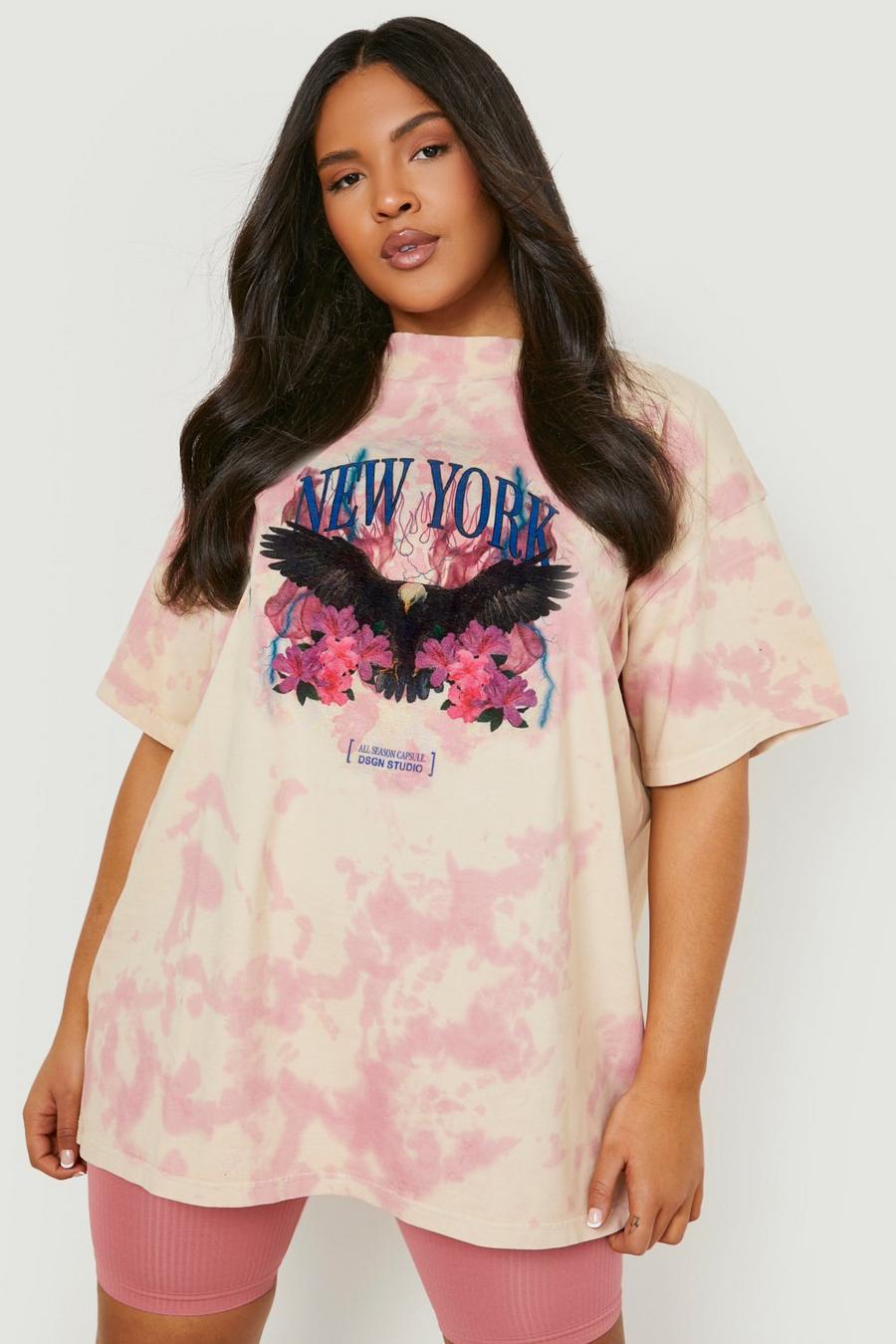 Camiseta Plus oversize con desteñido anudado y estampado gráfico, Pink image number 1