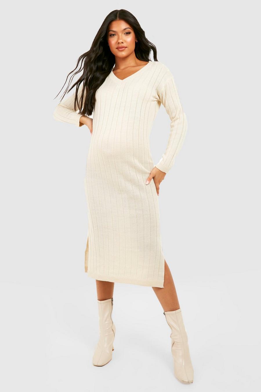 Oatmeal Maternity V Neck Slouchy Knitted Midi Dress