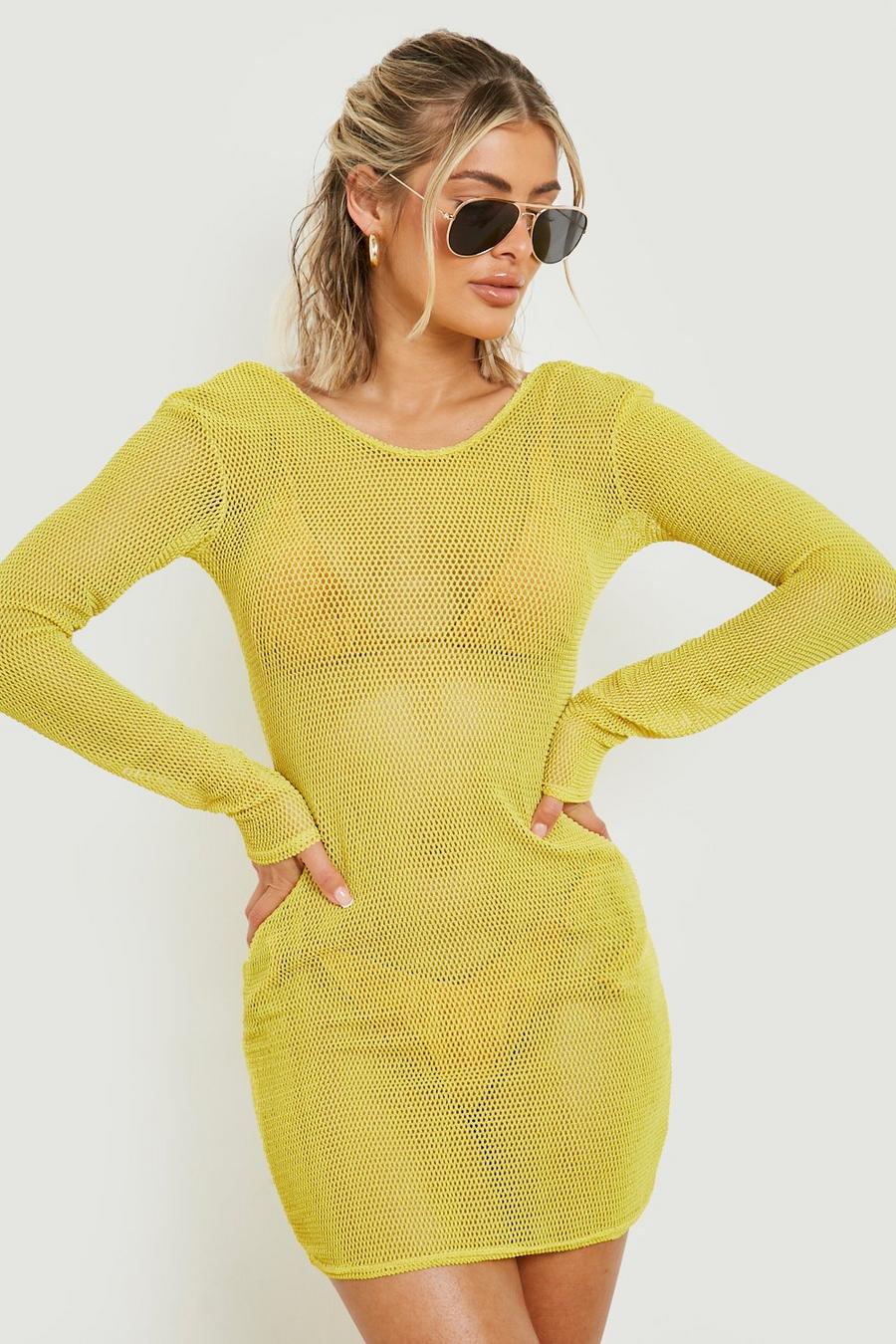 Glänzendes rückenfreies Mini-Strandkleid aus Netz, Gold