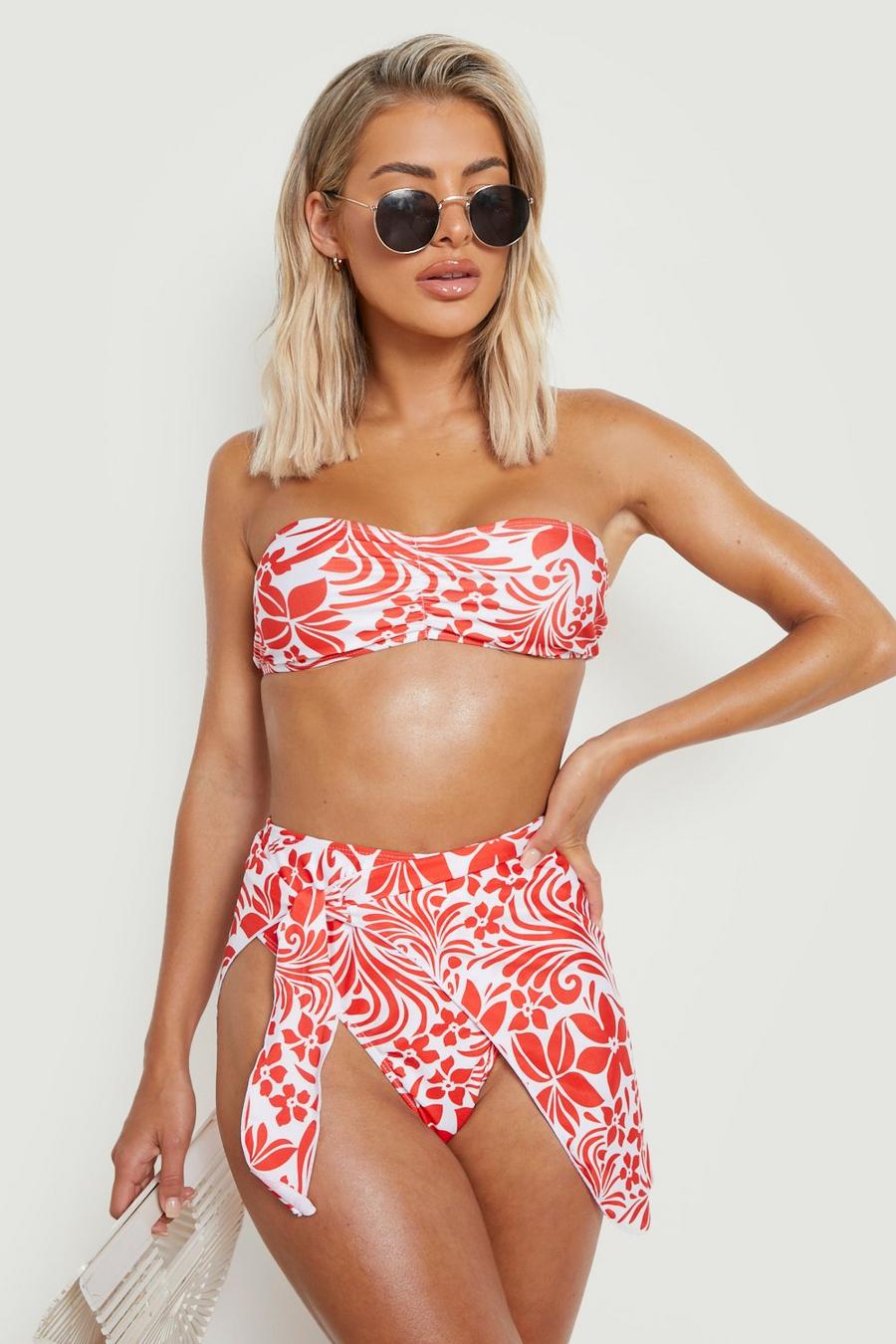 Red Floral Ruched Bandeau Bikini Top