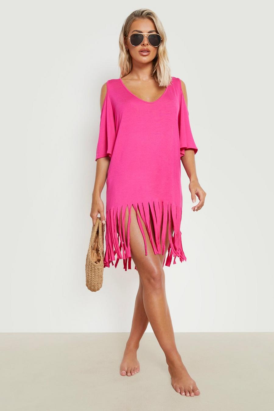Schulterfreies Cut-Out Strandkleid mit Quasten, Hot pink