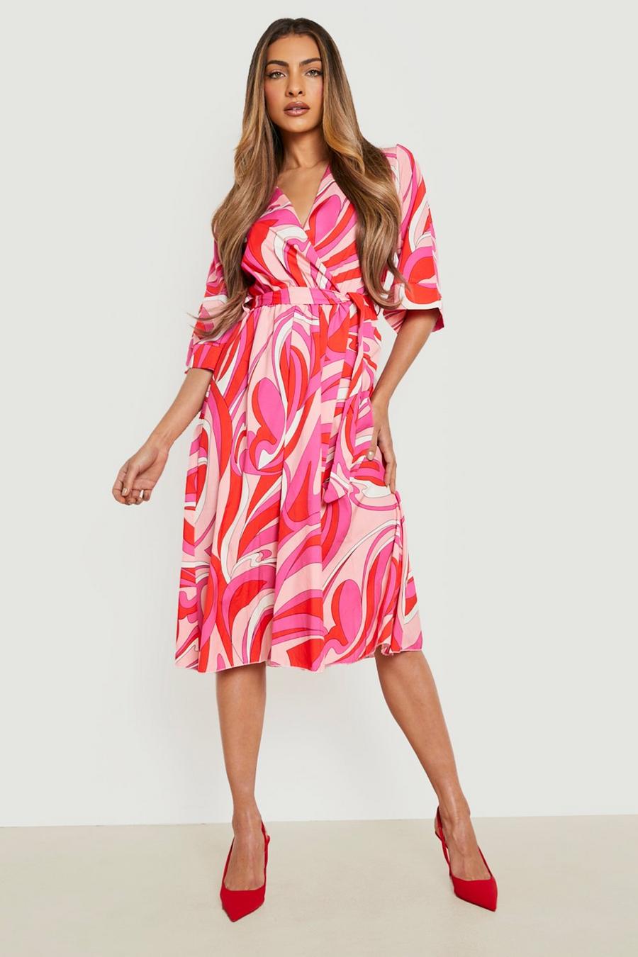 Pink Abstract Wrap Belted Midi Dress 