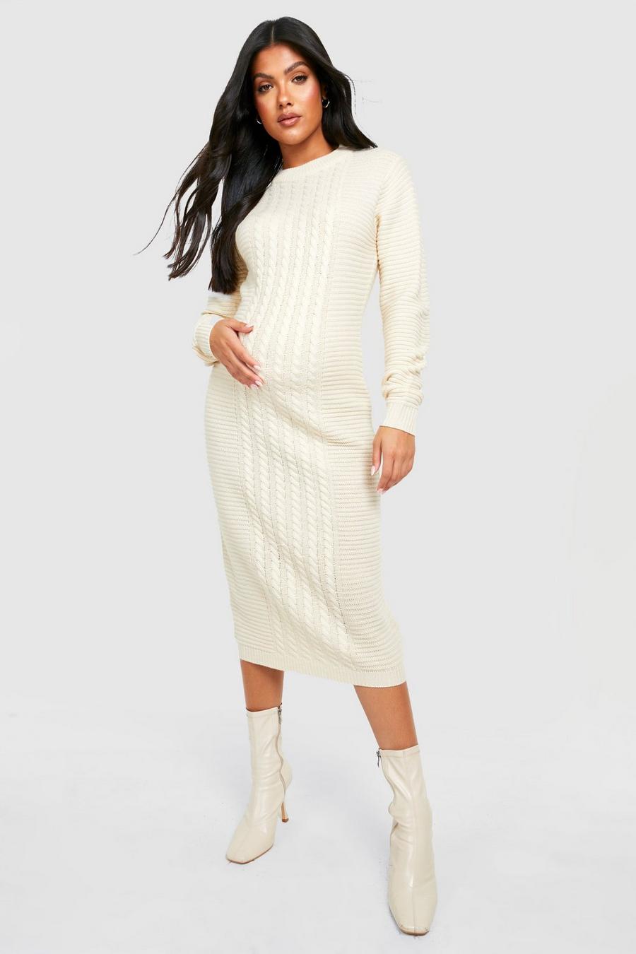 Oatmeal Maternity Cable Knit Knitted Midi Dress