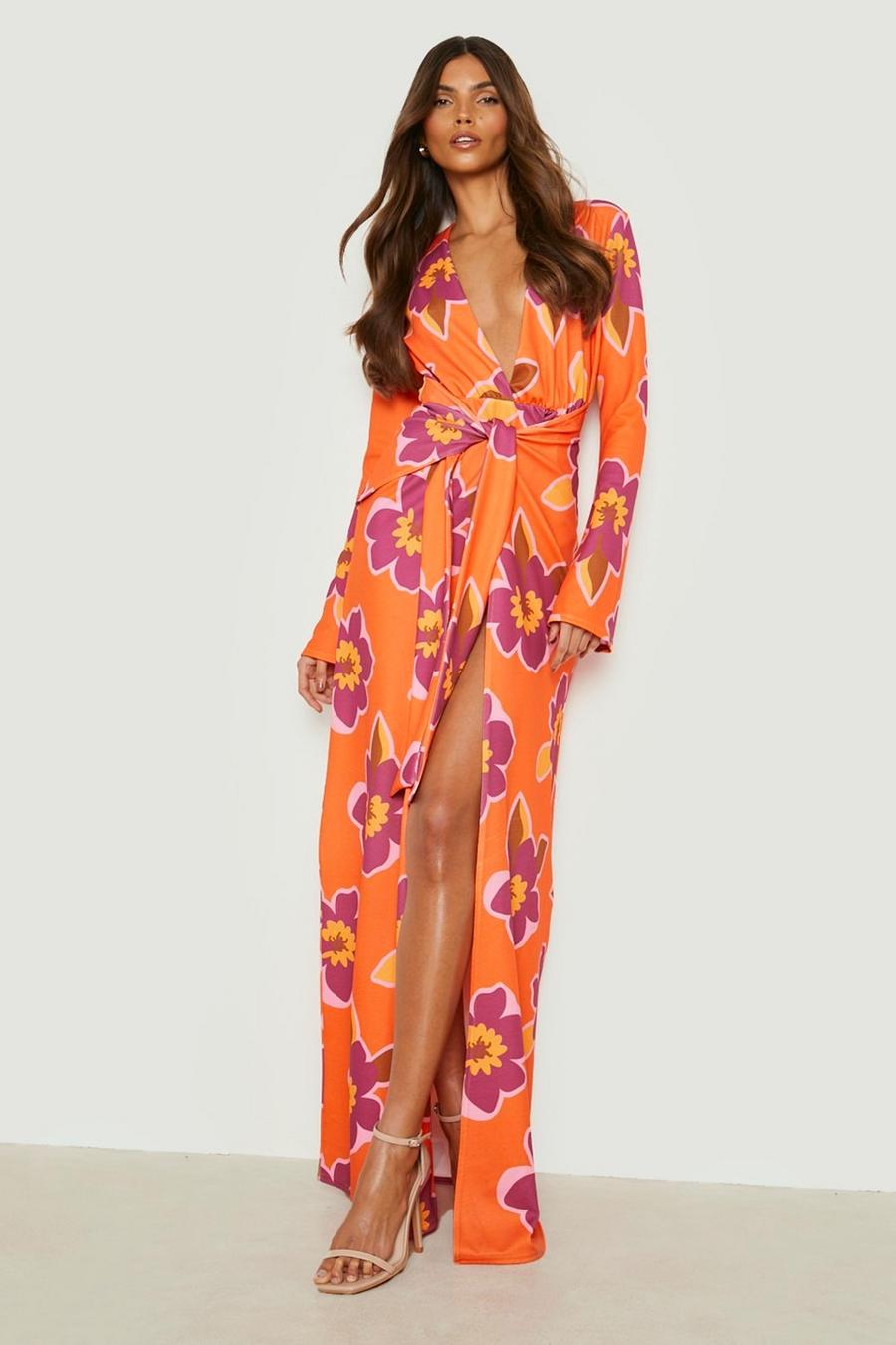 Robe longue drapée à imprimé fleuri, Orange