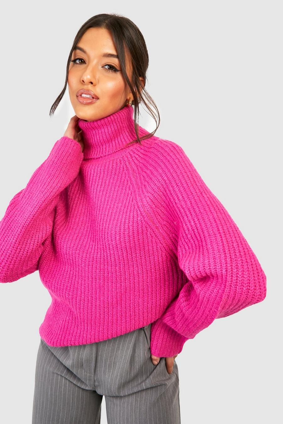 Fuchsia Knitted Roll Neck Jumper With Raglan Sleeve