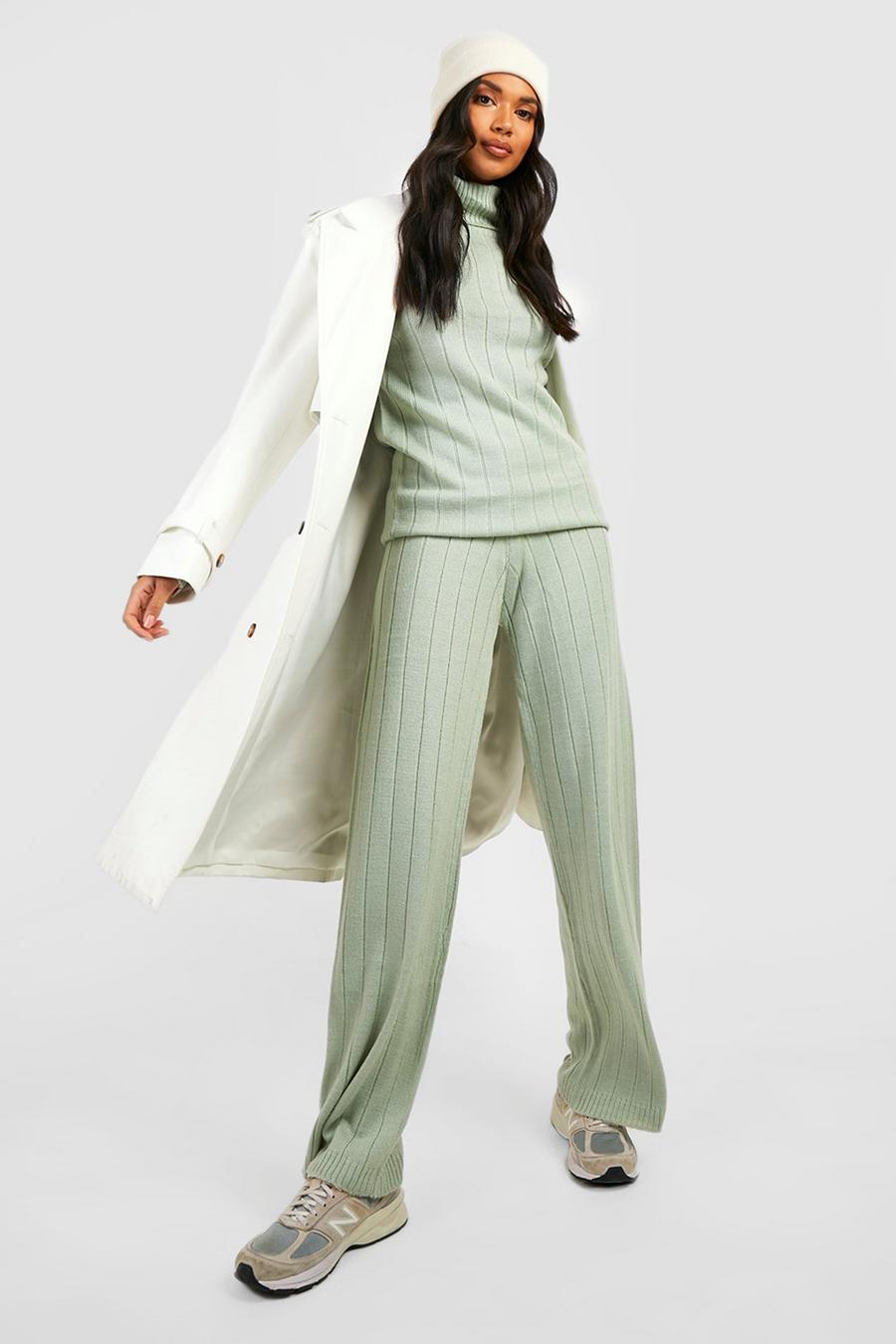 Sage Wide Rib Roll Neck & Trouser Knitted Co-ord image number 1