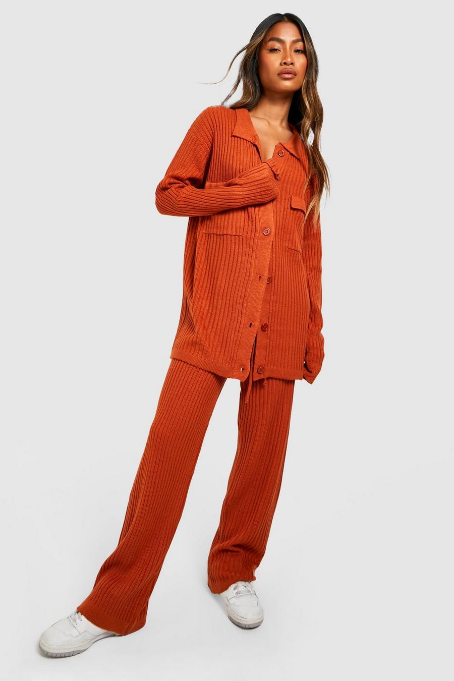 Rust Knitted Shirt & Wide Leg Pants Two-Piece