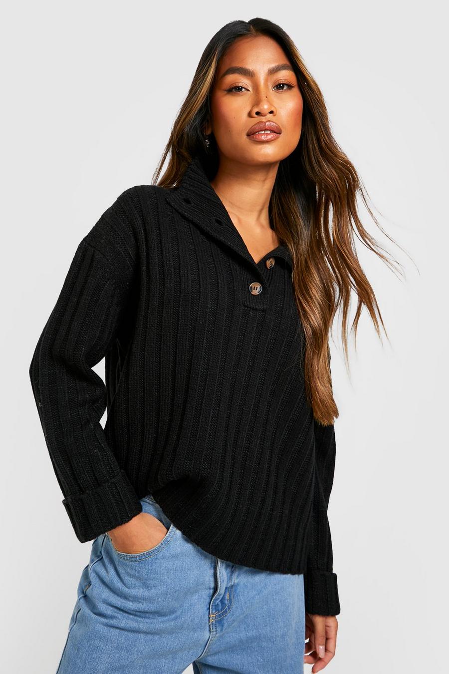 Black Polo Collar Knitted Sweater With Rolled Up Cuffs