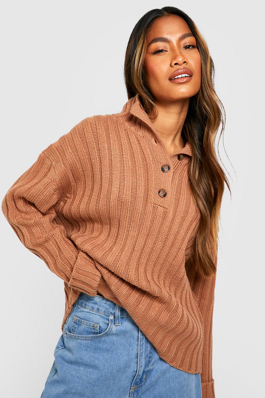Camel Polo Collar Knitted Jumper With Rolled Up Cuffs image number 1