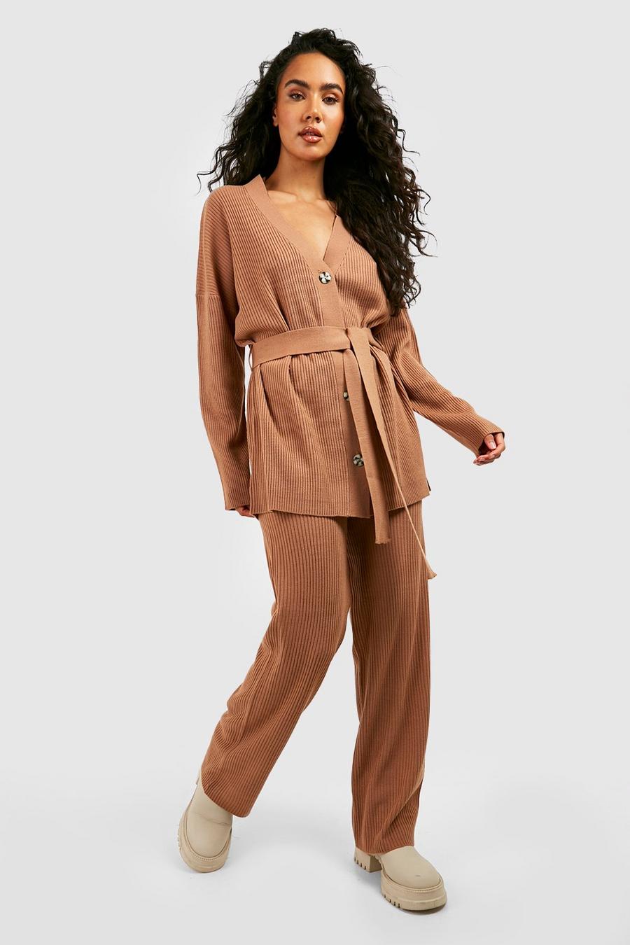 Camel Knitted Cardigan & Wide Leg Pants Co-Ord