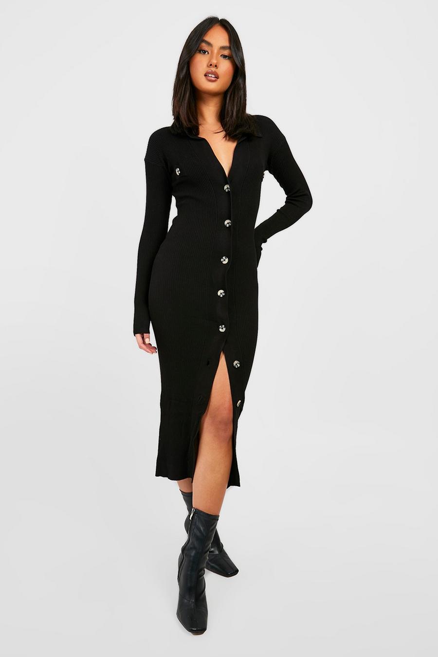 Black Rib Knit Midi Dress With Collar Button Detail