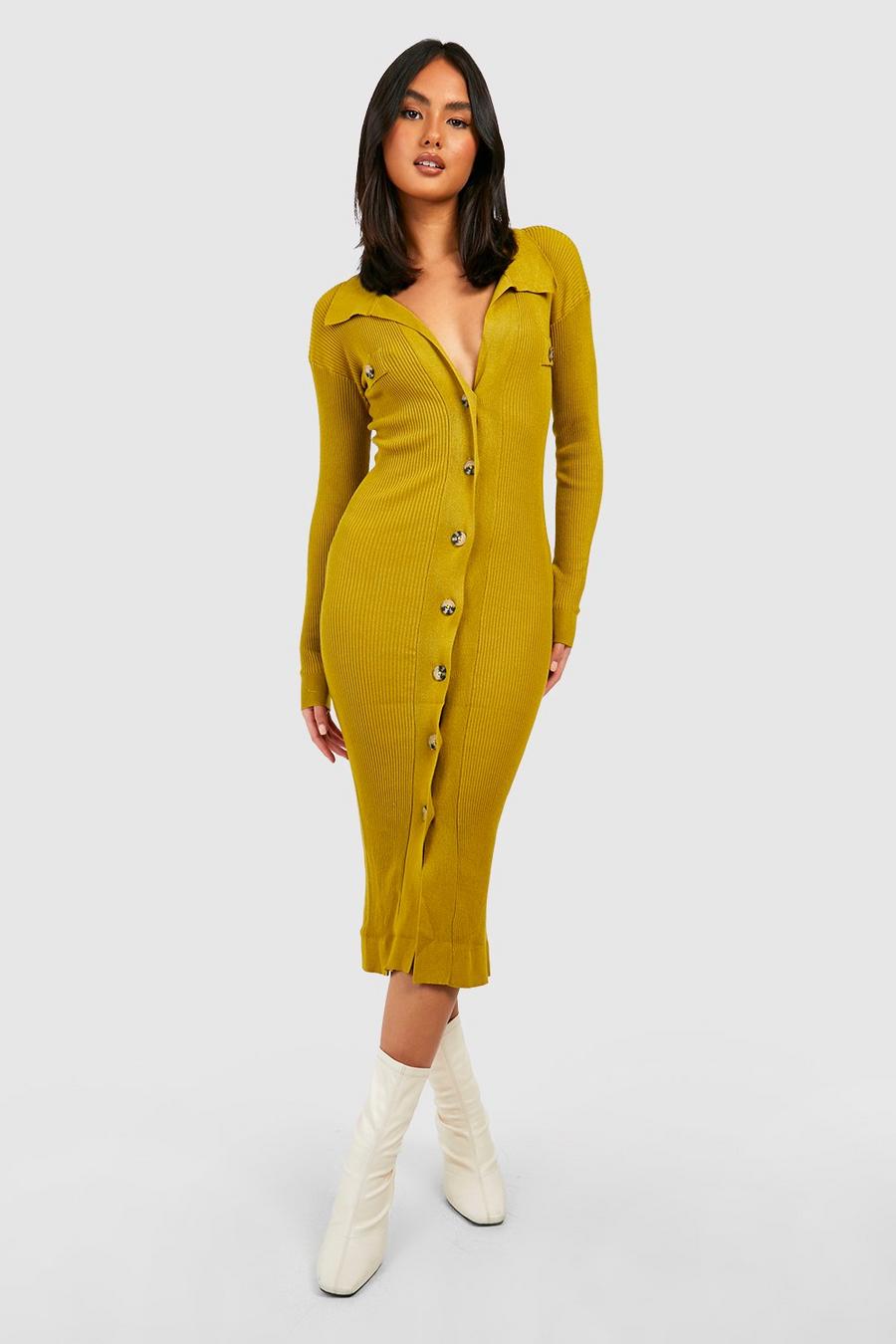 Olive Rib Knit Midi Dress With Collar Button Detail