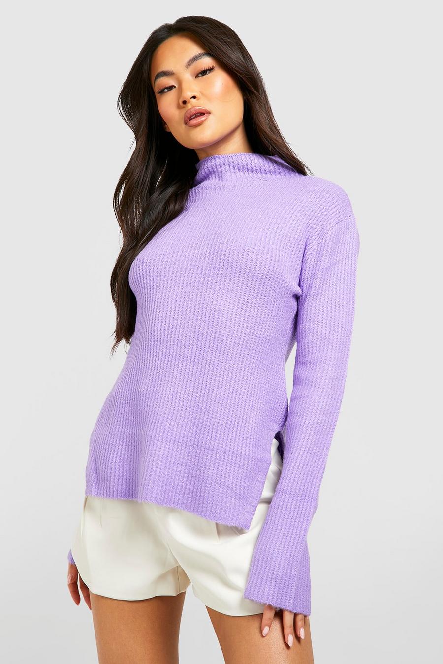 Purple Funnel Neck Knitted Sweater With Wide Sleeve