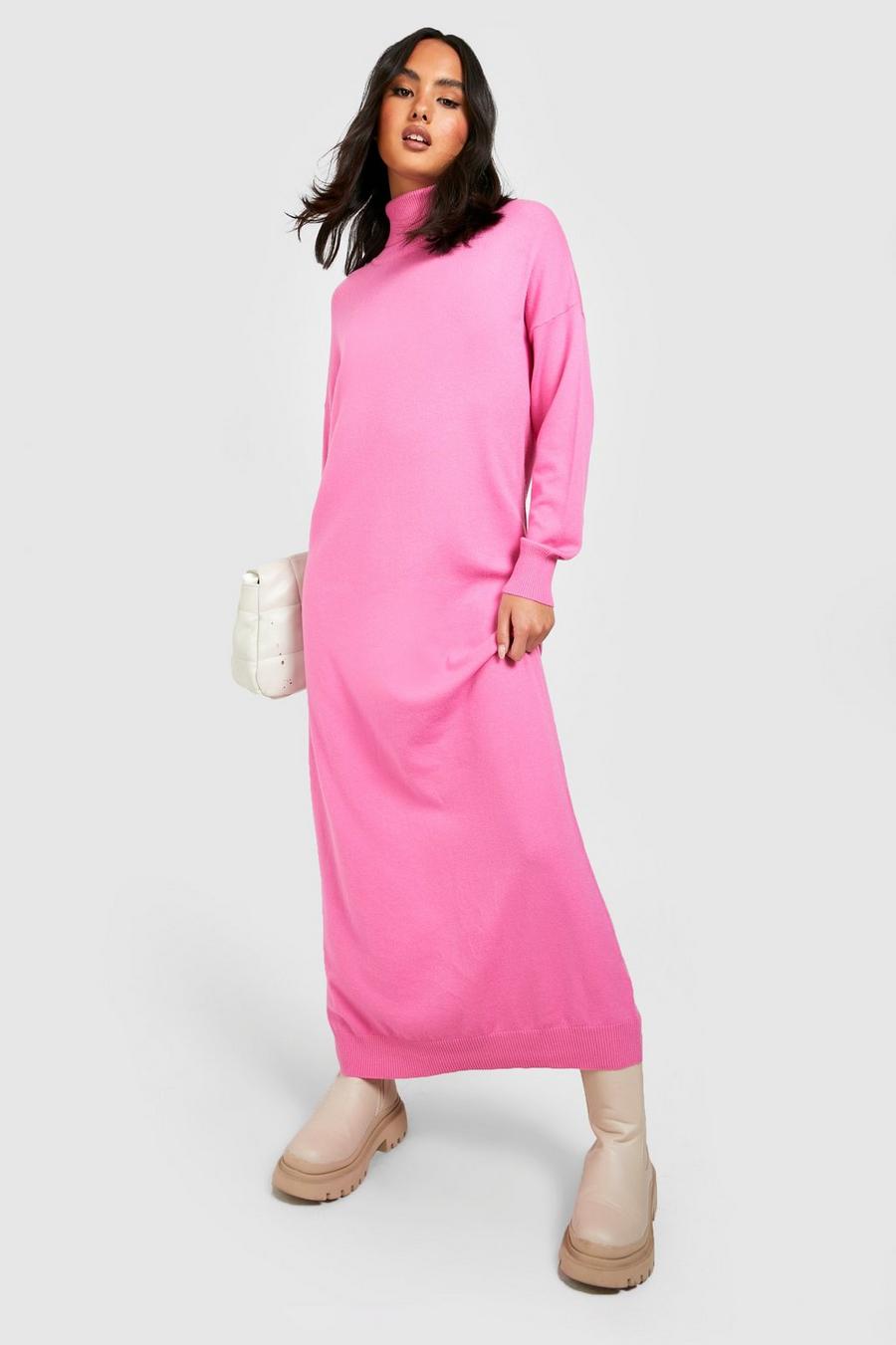 Pink Fine Knit Turtleneck Knitted Midi Dress
