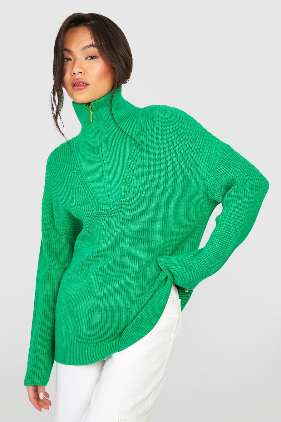 Maglione con colletto e zip corta, Green