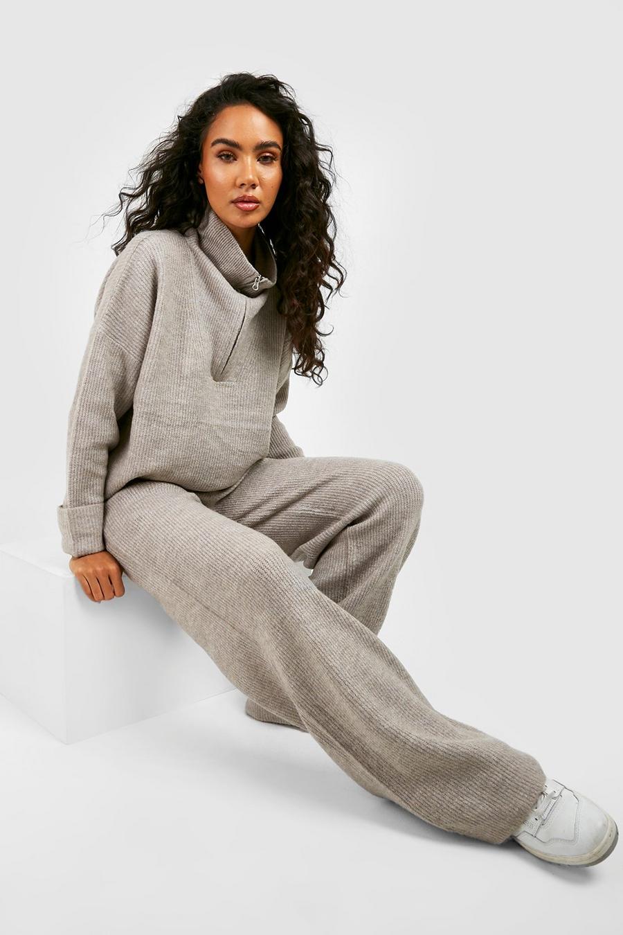 Steel Funnel Neck And Wide Leg Trouser Knitted Set
