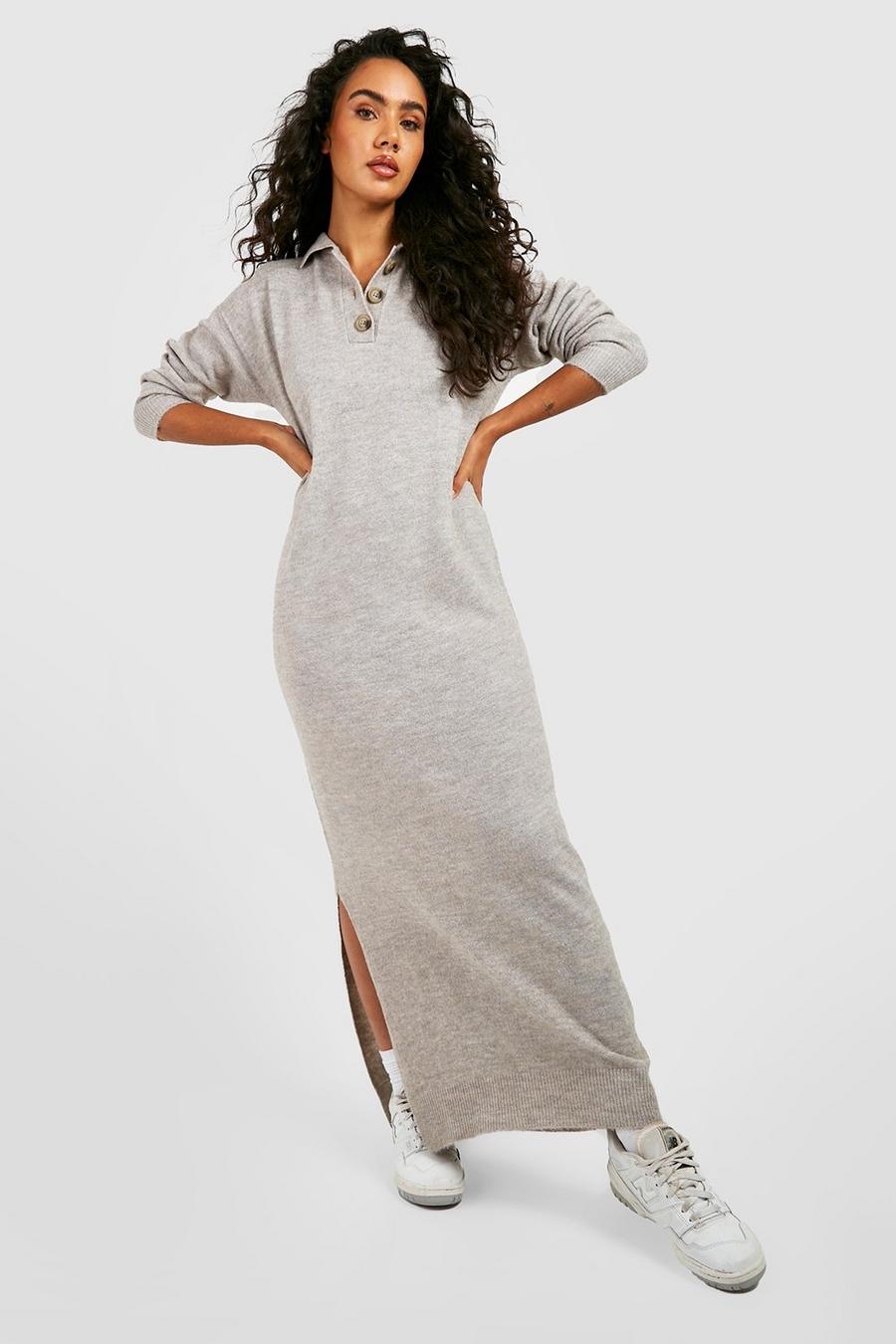 Steel Polo Button Collar Knitted Maxi Dress