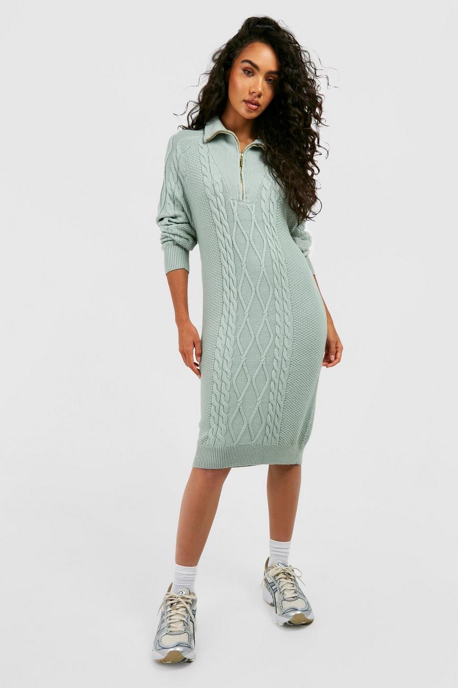 Sage Cable Knit Half Zip Collared Sweater Dress