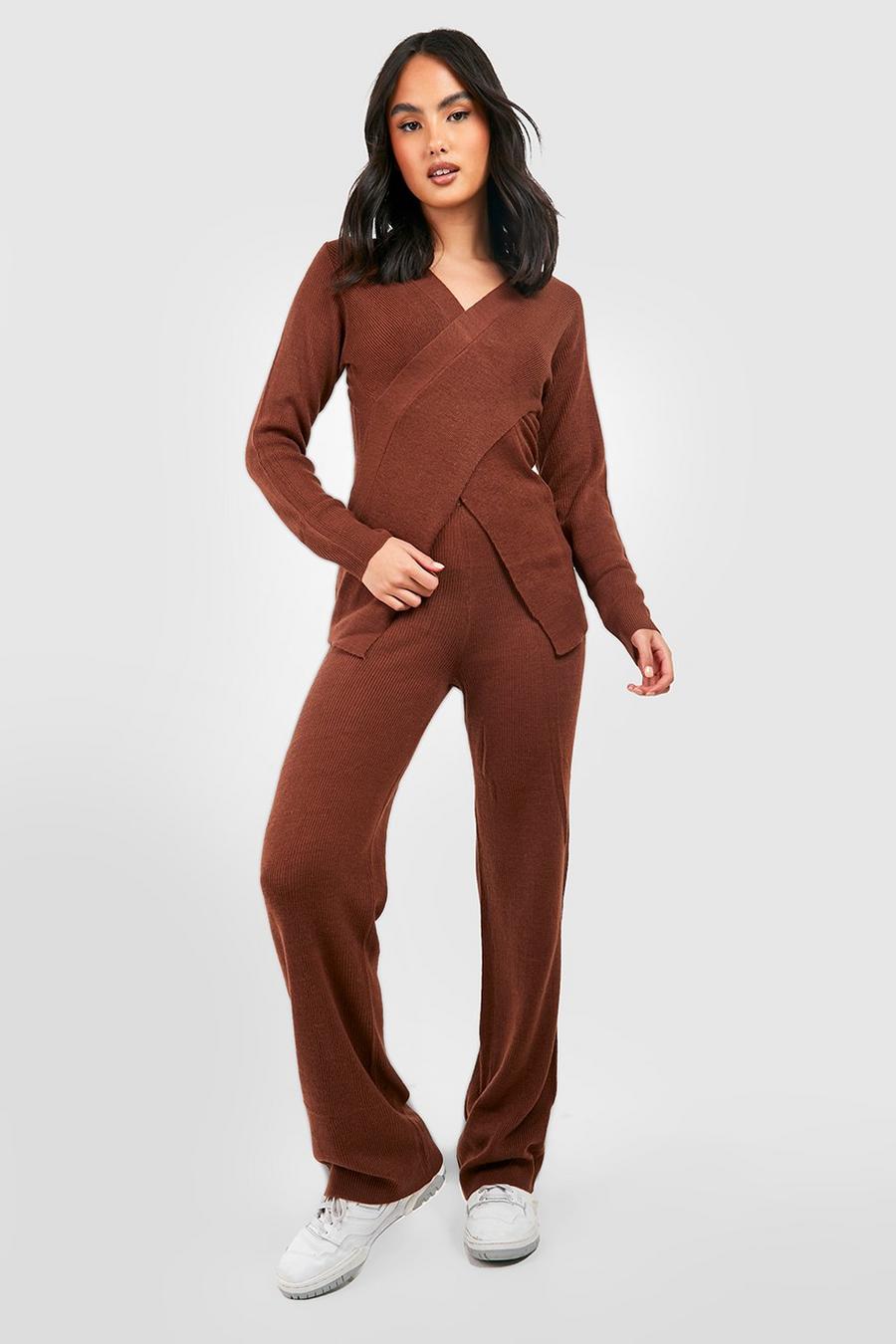 Chocolate Knitted Cross Over Jumper And Trouser Co-ord