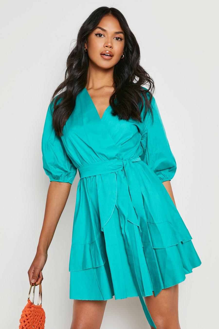 Teal Cotton Ruffle Belted Skater Dress