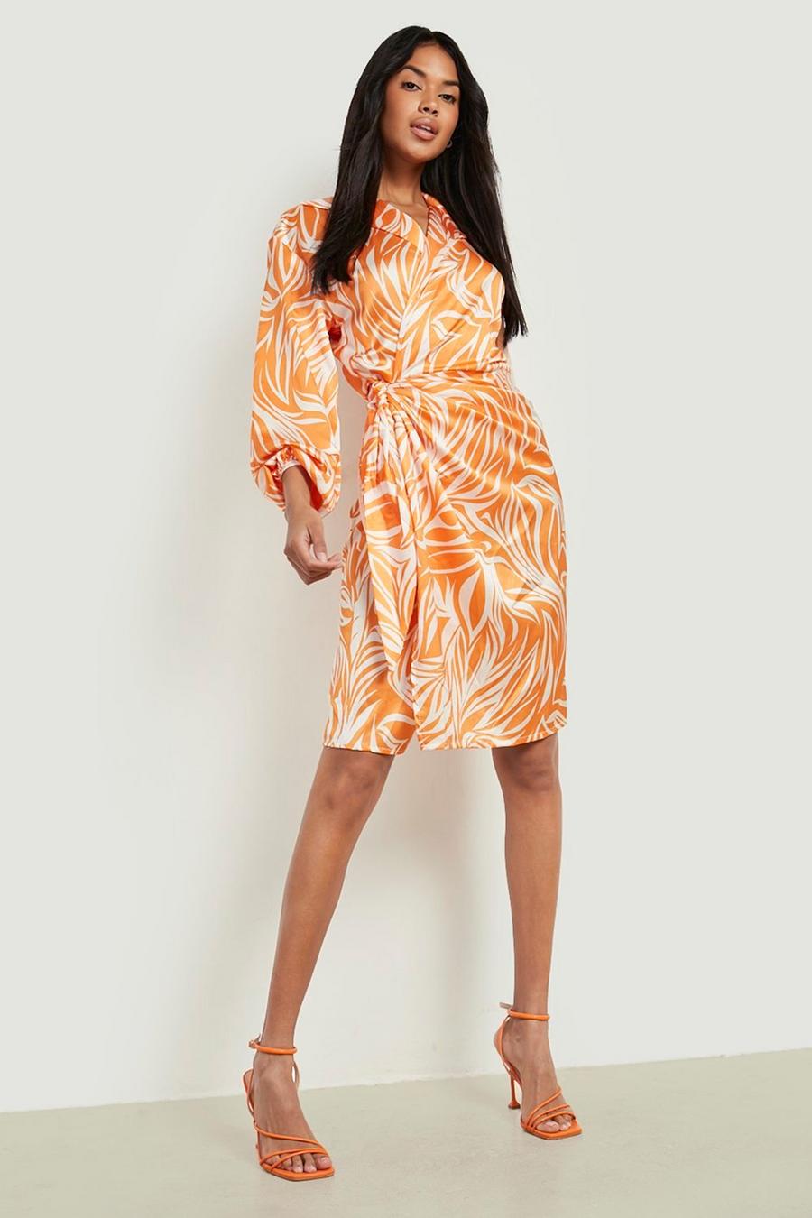 Orange Printed Satin Wrap Midi Dress