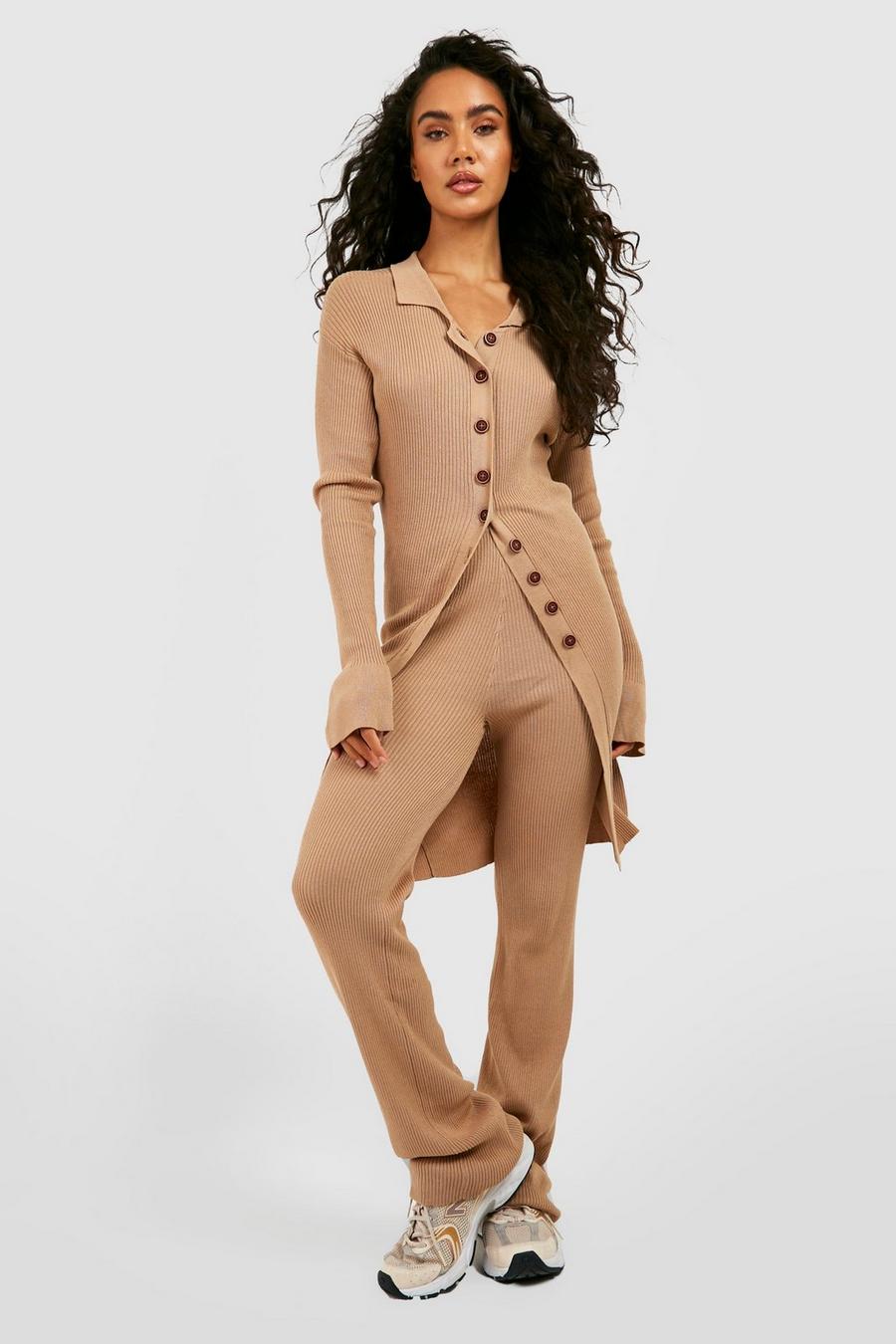 Camel Long Cardigan And Wide Leg Knitted Set