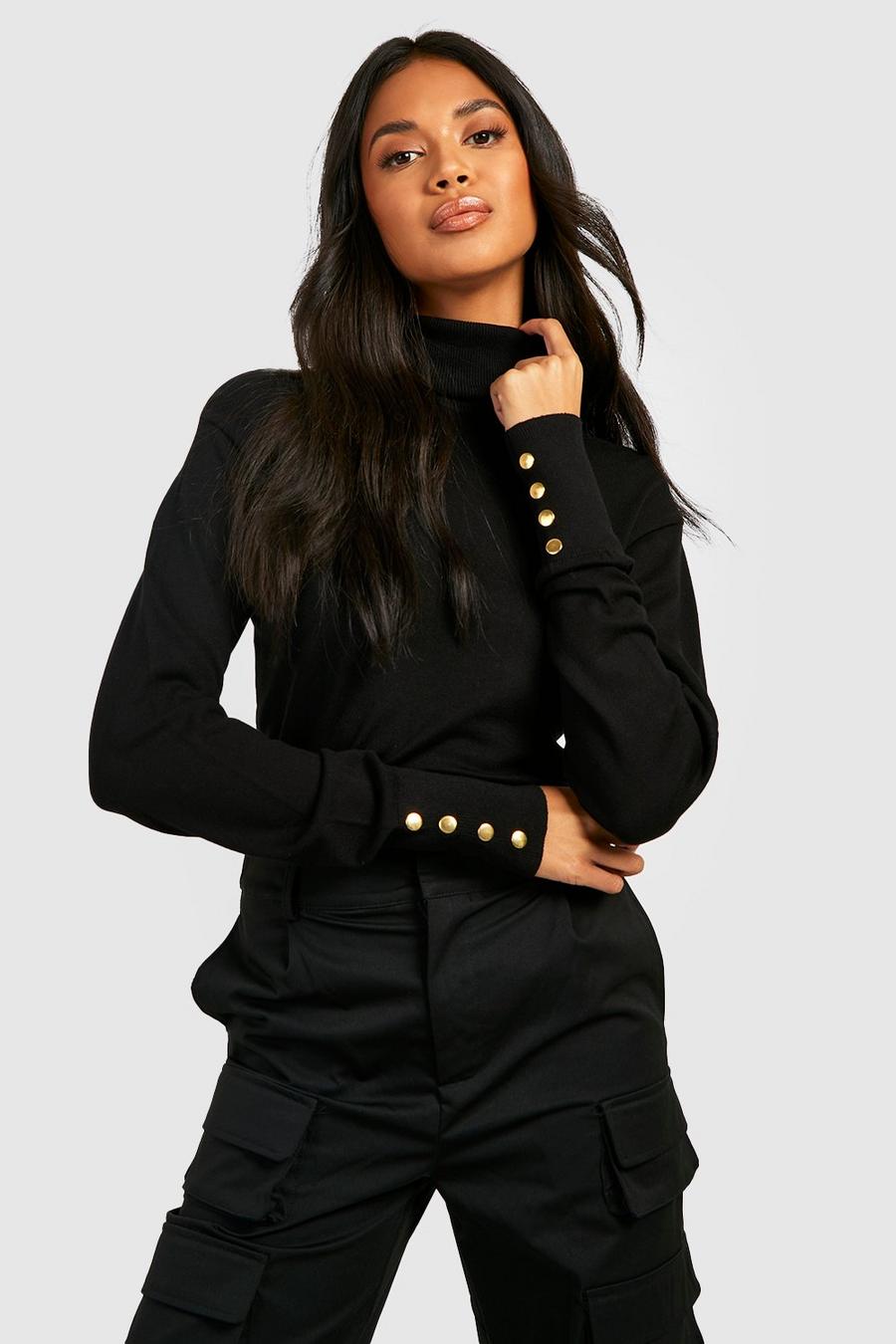 Black Roll Neck Knitted Jumper With Buttons