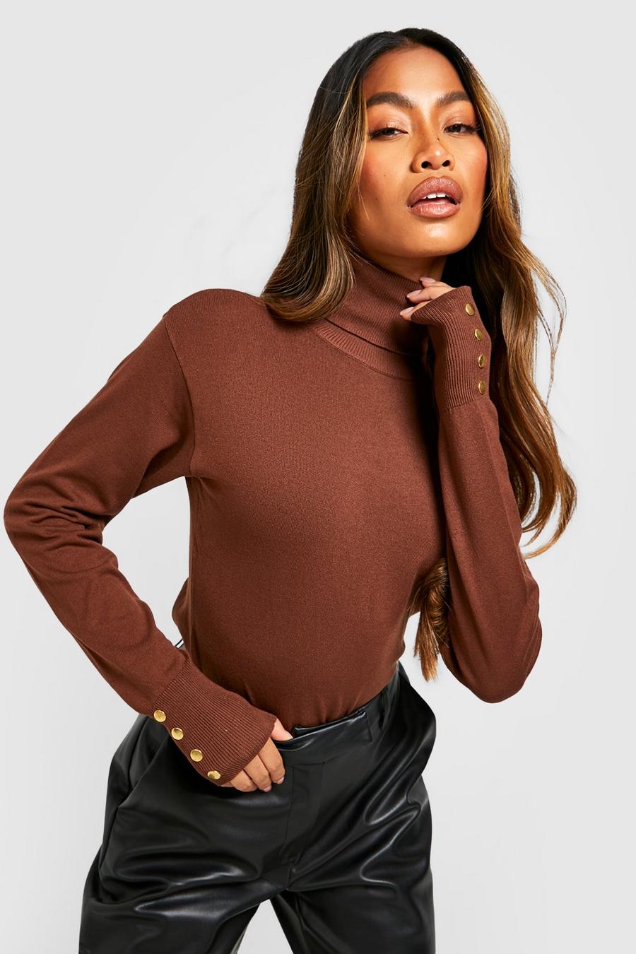 Chocolate Roll Neck Knitted Jumper With Buttons