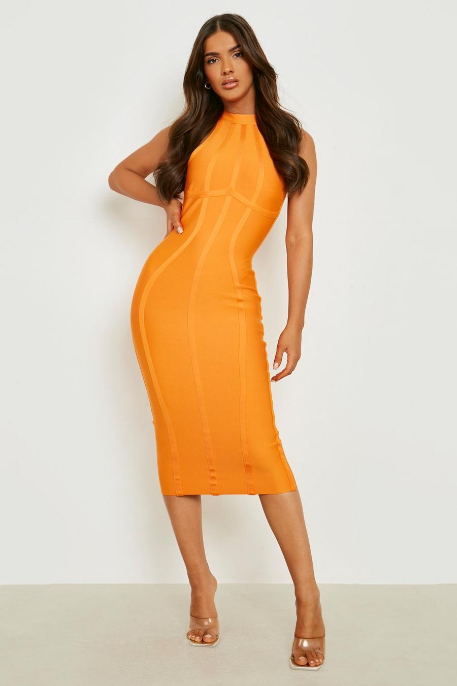 Orange Bandage High Neck Midi Dress