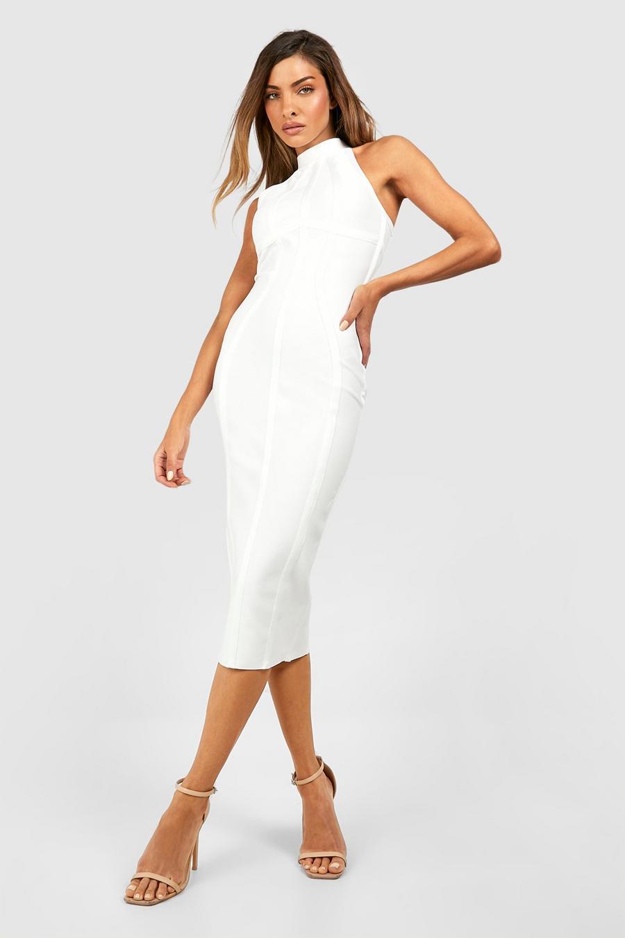 White Bandage High Neck Midi Dress