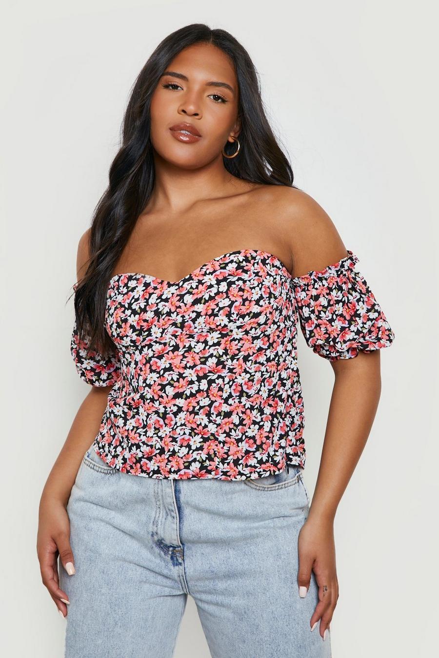 Pink Plus Woven Floral Bardot Puff Sleeve Top