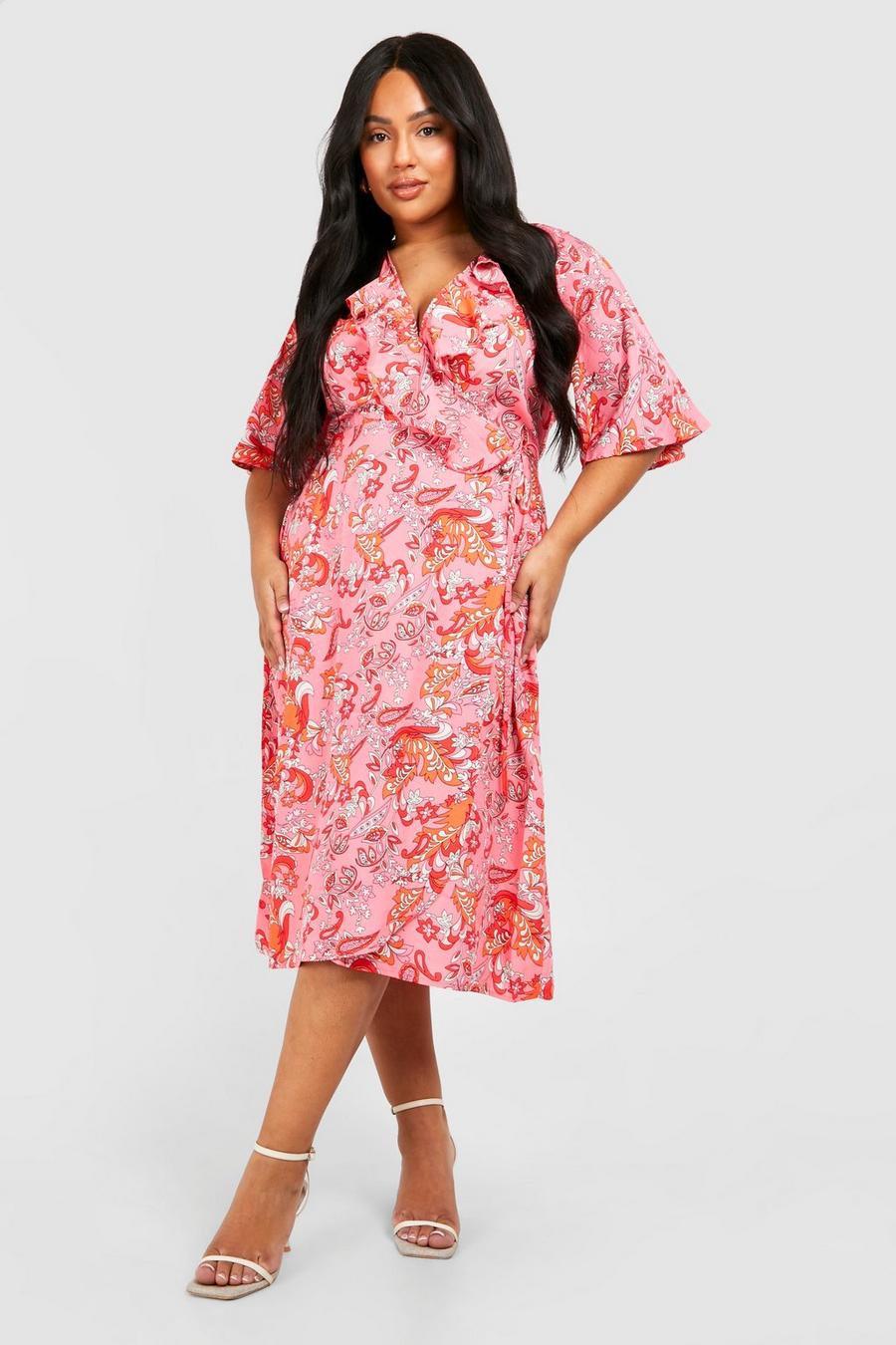 Pink Plus Woven Floral Ruffle Wrap Midi Dress image number 1