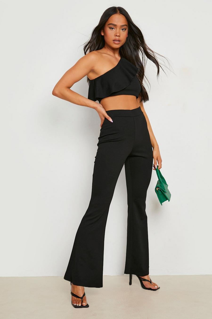 Black Petite Frill Crop Top & Flare Trouser Co-ord