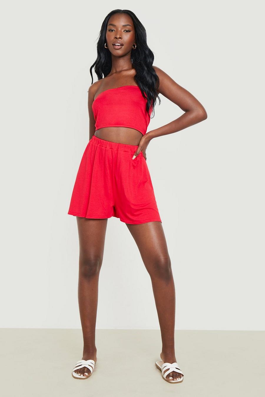 Red Jersey Knit Bandeau & Flowy Shorts