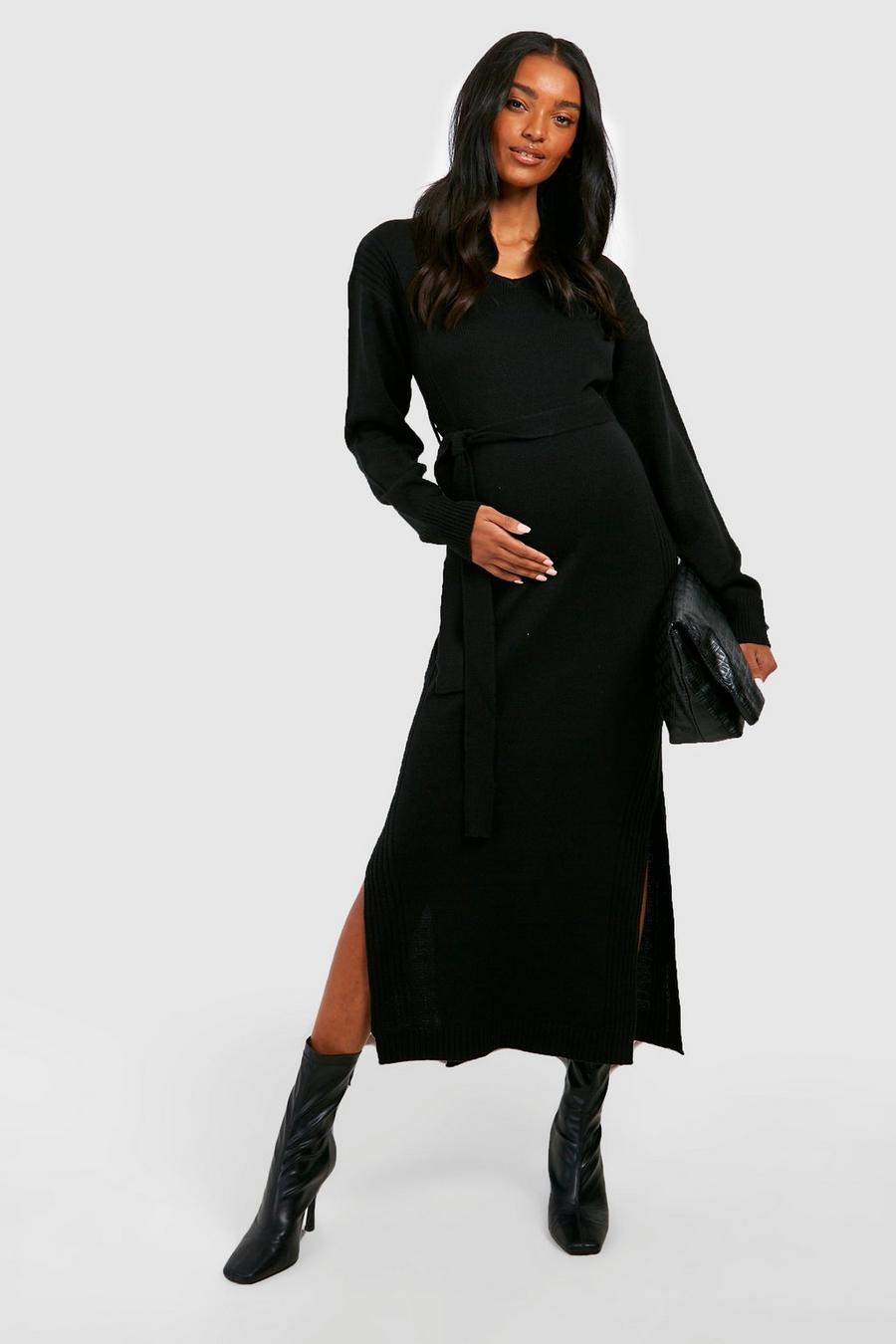 Black Maternity Knitted Split Midi Dress