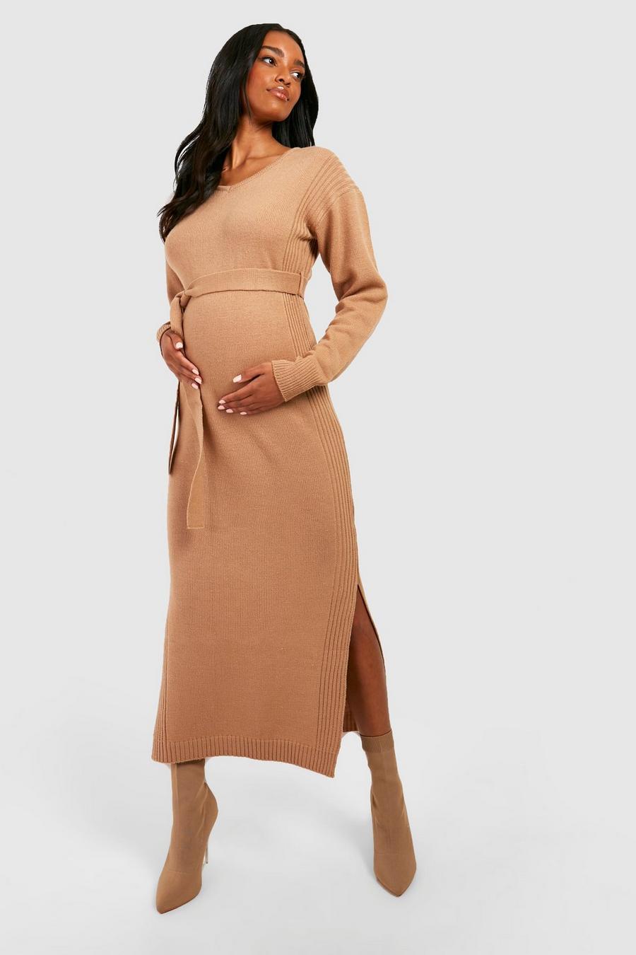 Taupe Maternity Knitted Split Midaxi Dress