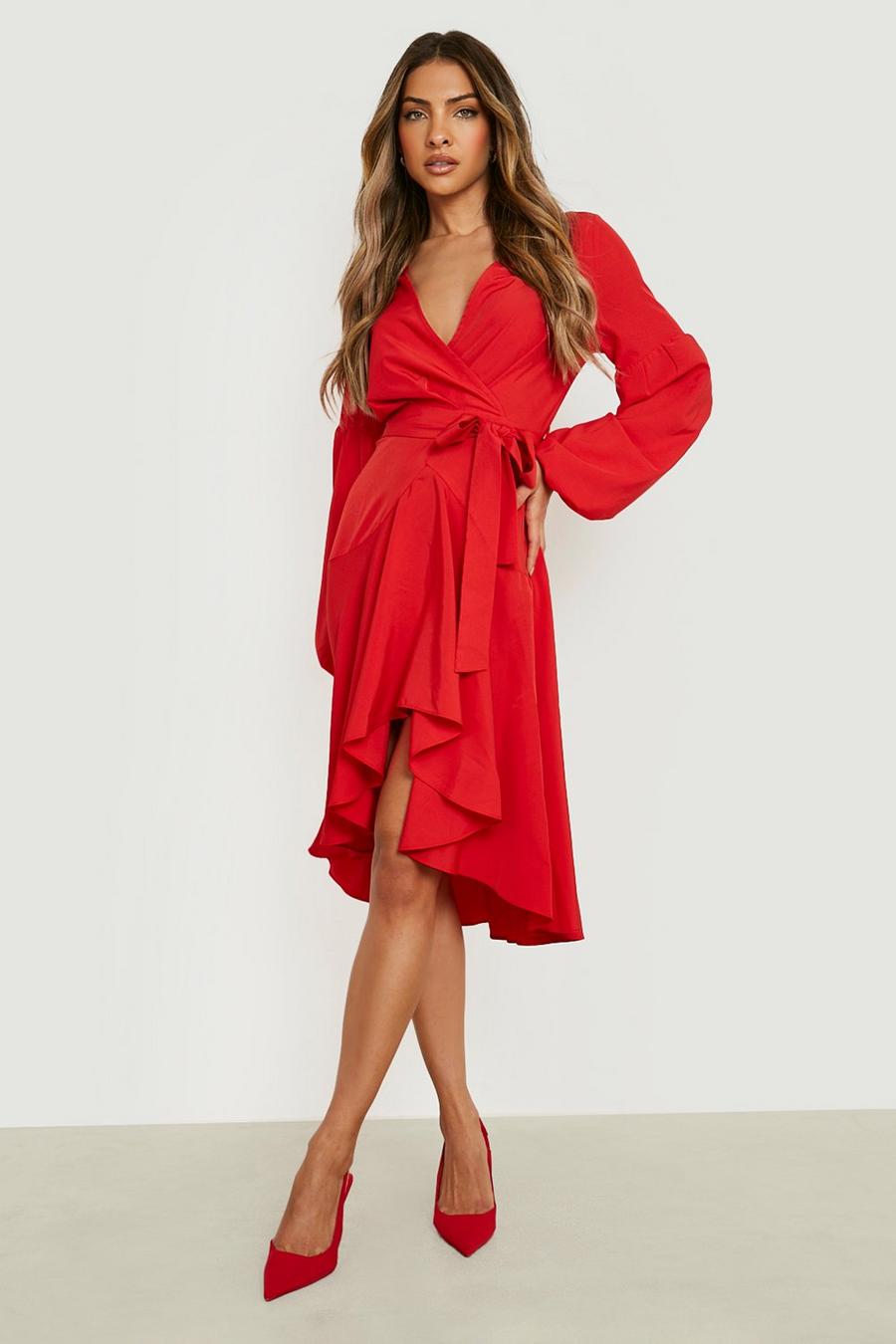 Red Tie Front Ruched Sleeve Ruffle Midi Dress
