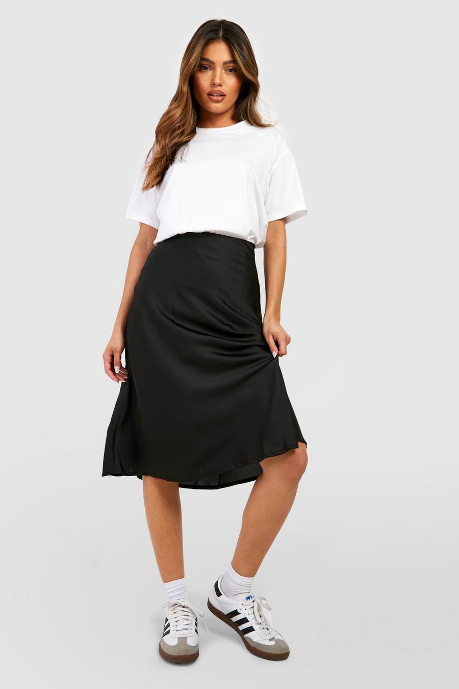 Black Satin Bias Midi Slip Skirt