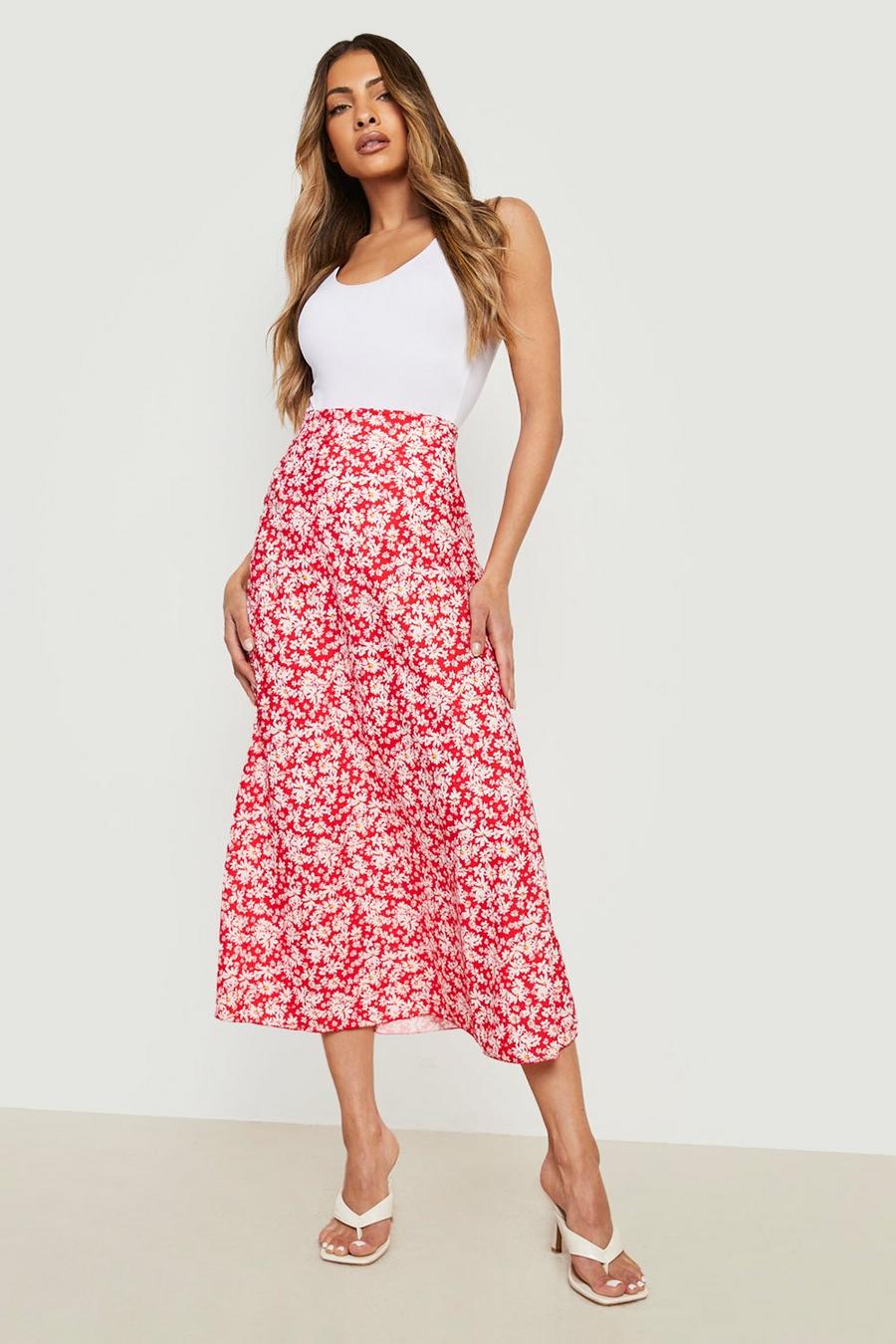 Red Floral Print Light Weight Woven Maxi Skirt