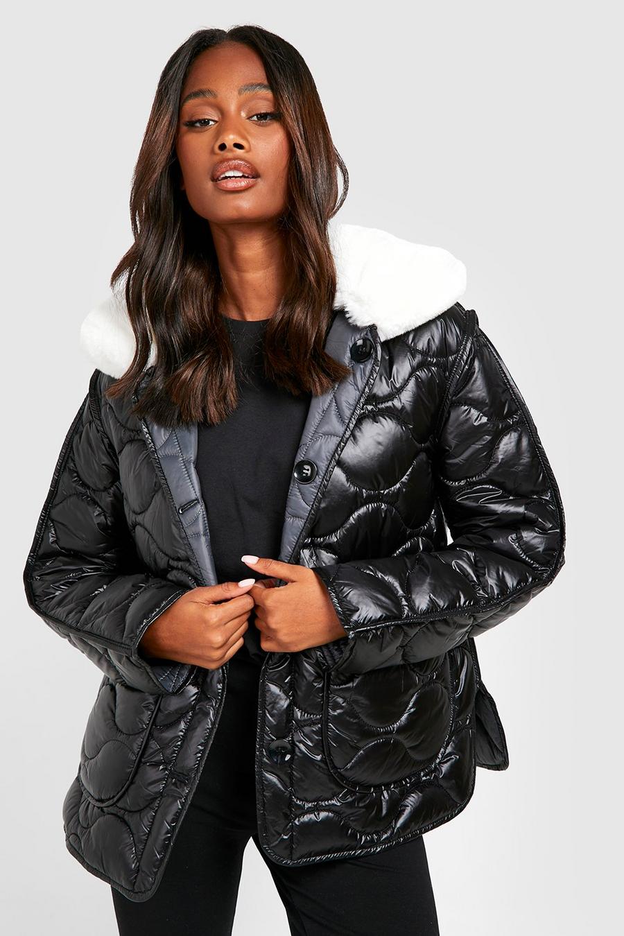 Veste réversible matelassée à col en faux mouton, Black