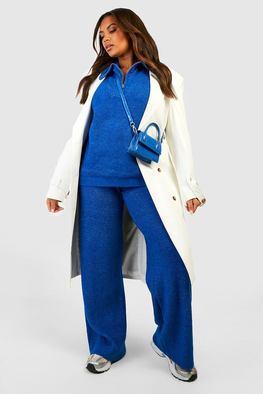 Cobalt Recycled Plus Knitted Funnel Neck Wide Leg Pants Set