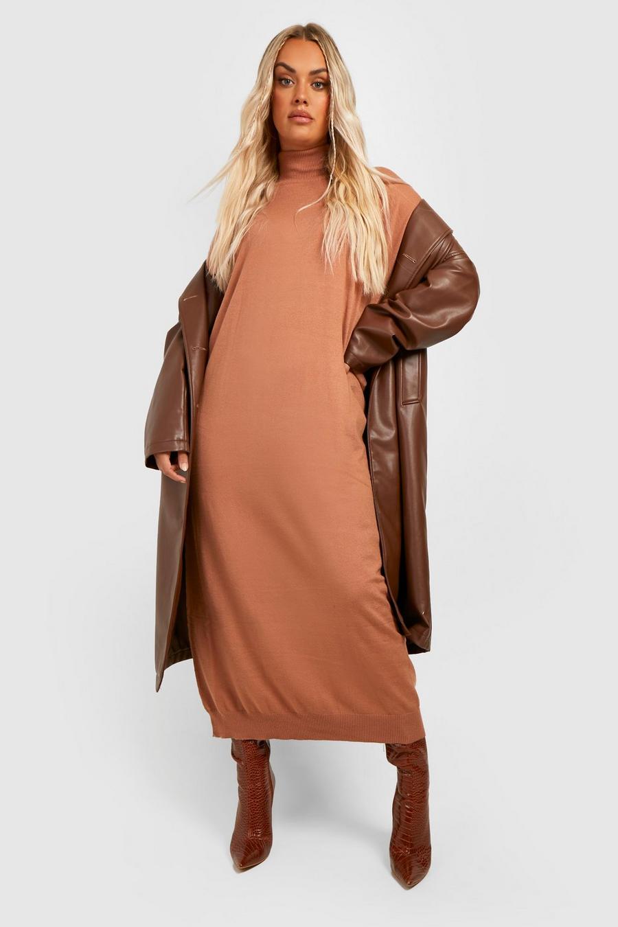 Camel Plus Fine Knit Turtleneck Knitted Midi Dress