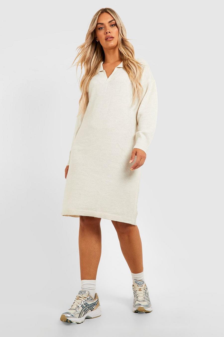 Grey Plus Soft Knit Collared Sweater Dress