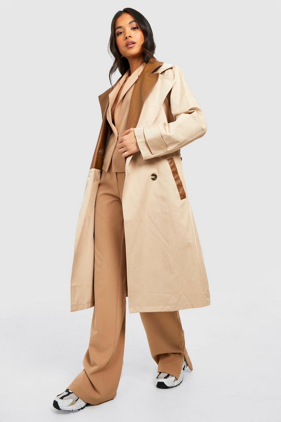 Camel Petite Pu Contrast Belted Trench Coat