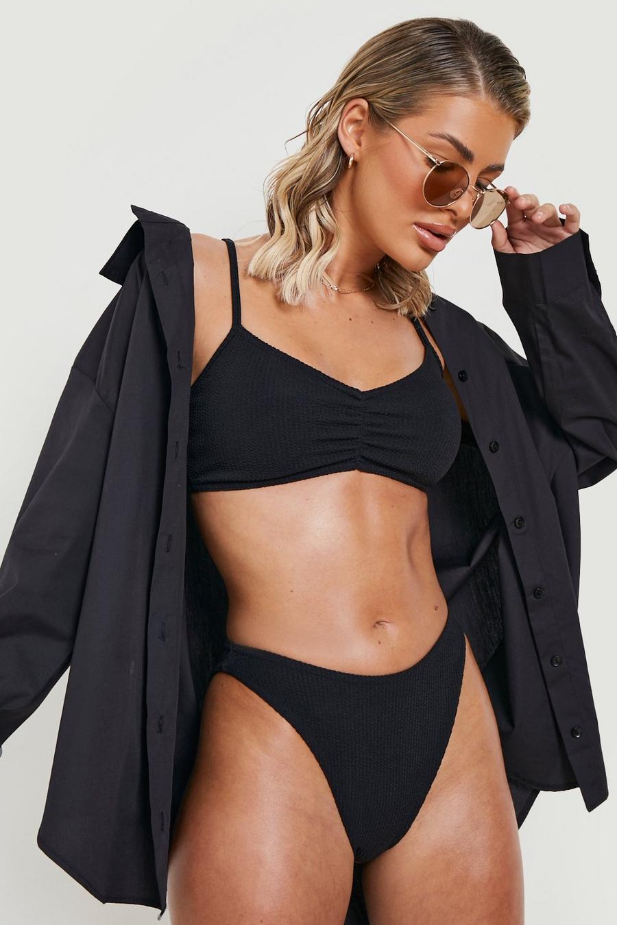 Black Crinkle Ruched Strappy High Waist Bikini Set 