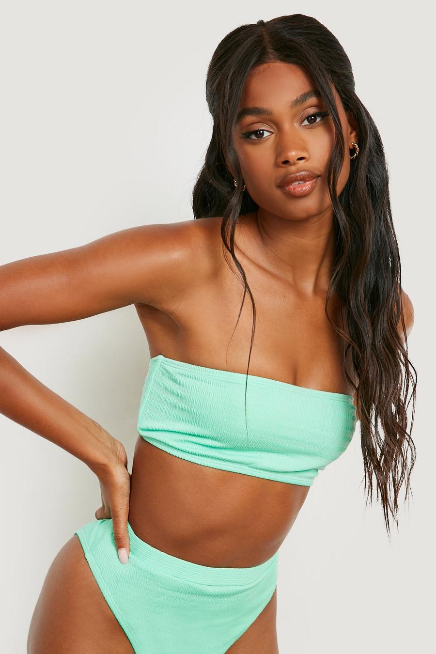 Soft green Shirred Texture Bandeau Bikini Top image number 1
