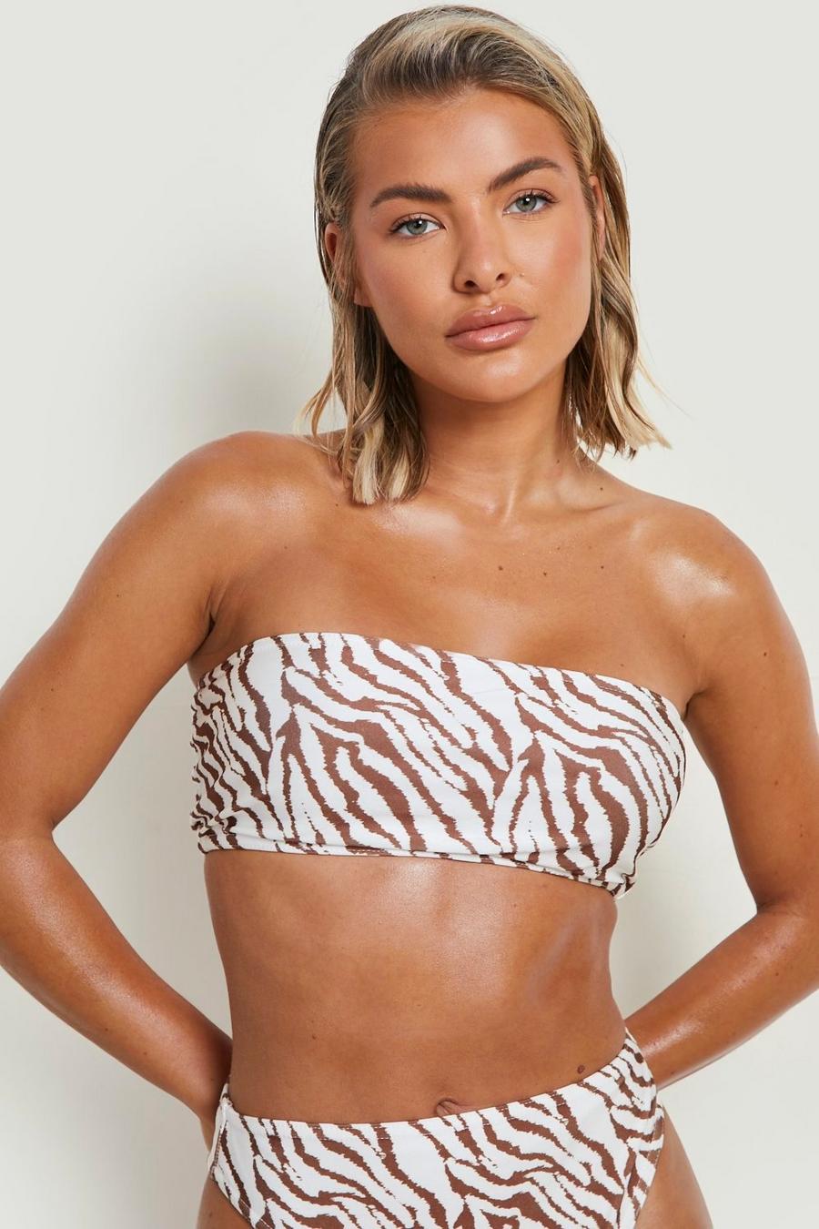 Top bikini a fascia con stampa tigrata, Cream image number 1