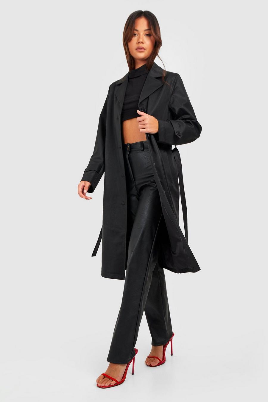 Black Petite Premium Leren Trench Coat