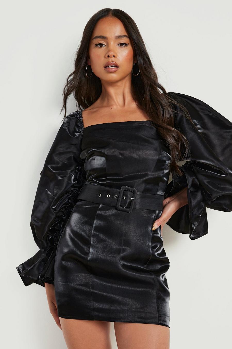 Black Petite Extreme Puff Sleeve Belted Dress